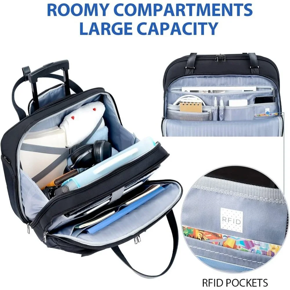 Women's Black Water Repellent Rolling Laptop Bag 15.6 inch
